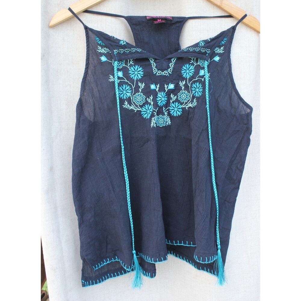 Embroidered Cotton Boho Navy Blue Tank- M